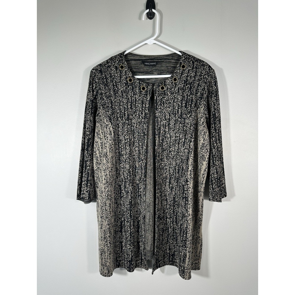 Ming Wang Cardigan Womens 1X Black Taupe Knit‎ Grommet 3/4 Sleeve Read
